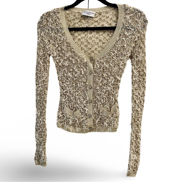 Julien Macdonald Sweaters - JULIEN MACDONALD ivory and gold ribbon knit cardigan